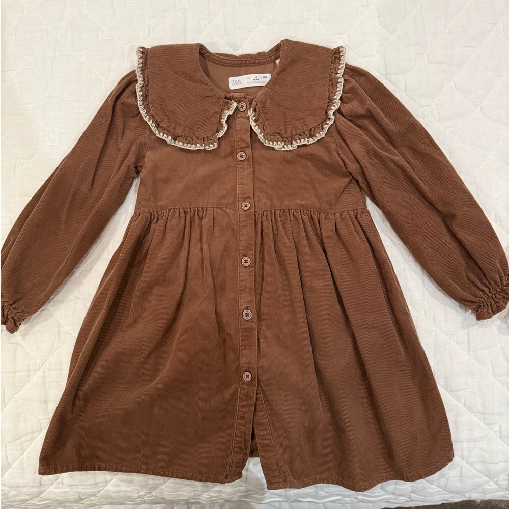Zara TODDLER Brown Corduroy Kids Dress with Ruffled Collar